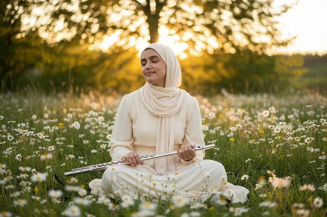امرأة عربية مع ناي في حقل أقحوان وقت الغروب