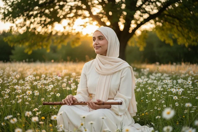 امرأة محجبة تحمل ناياً في حقل أزهار عند الغروب