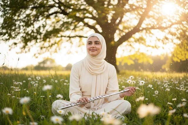 امرأة محجبة مع ناي في مرج عند الغروب