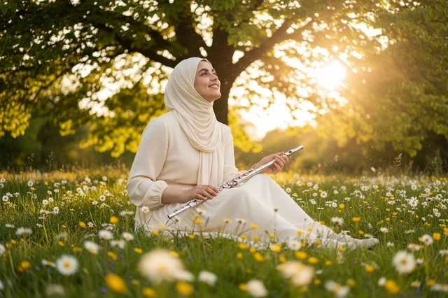 امرأة محجبة مع آلة فلوت في حقل زهور وقت الغروب