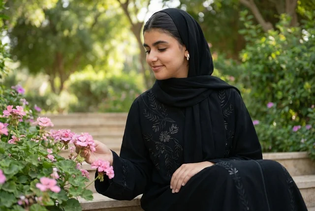 Saudi Woman in Black Abaya Touching Flowers