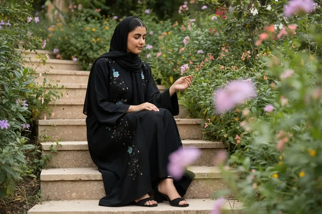 امرأة سعودية بالعباءة السوداء تجلس في الحديقة