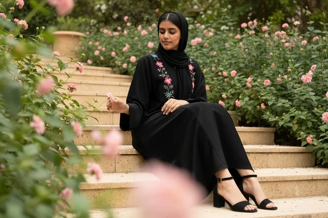 Emirati Woman in Black Abaya Sitting in Rose Garden