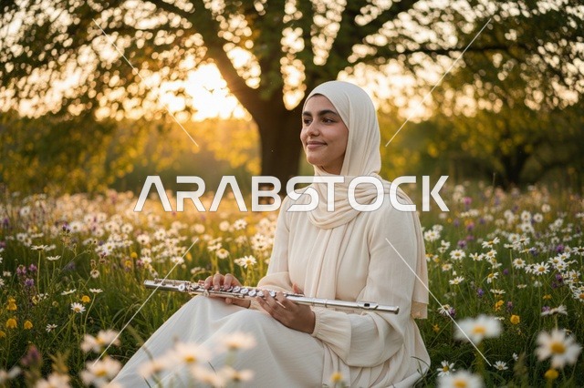 امرأة محجبة مع مزمار في حقل أقحوان وقت الغروب