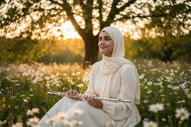 Middle Eastern Woman with Flute in Daisy Field at Sunset