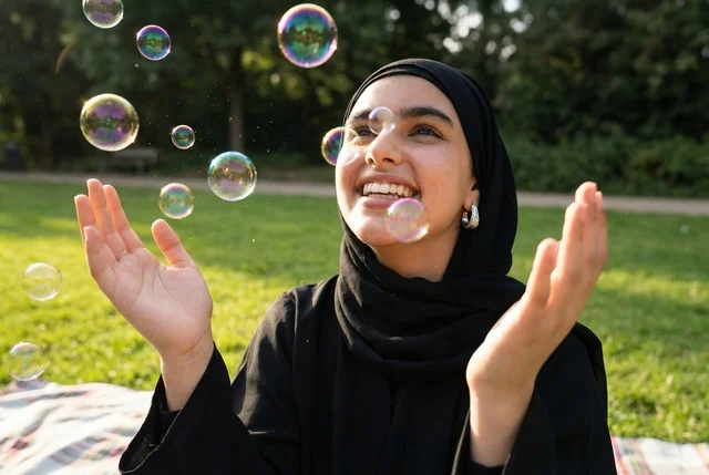 امرأة عربية بالعباءة تلعب بالفقاعات في الحديقة