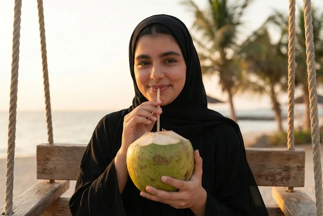 Saudi Woman Drinking Coconut on Beach Swing at Sunset