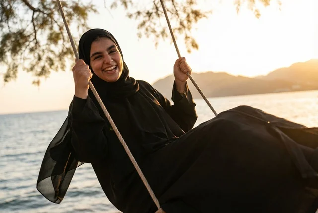 Arab Woman in Abaya on Beach Swing at Sunset