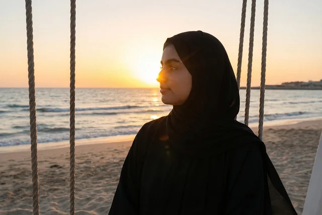 Saudi Woman in Abaya at Beach Sunset