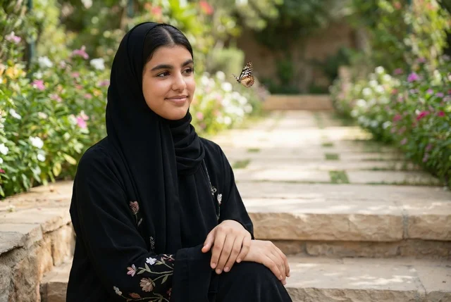 امرأة سعودية بالعباءة مع فراشة في حديقة خضراء