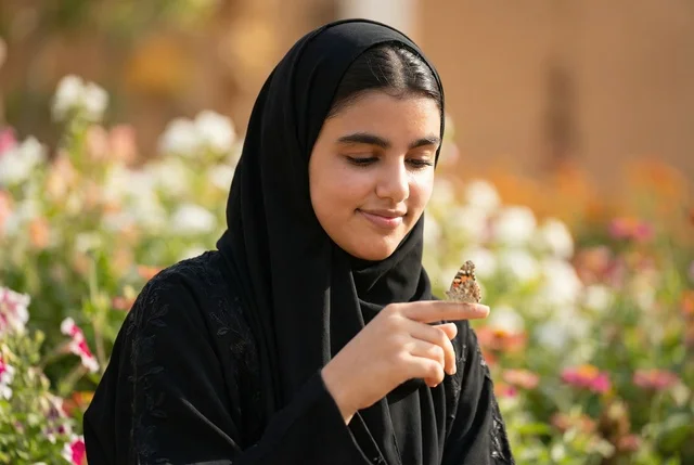 Saudi Girl in Abaya Holding Butterfly in Garden
