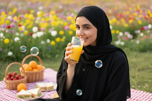 امرأة سعودية تشرب عصير البرتقال في حقل زهور