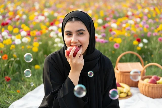 Arab Woman in Abaya Eating Apple in Flower Field
