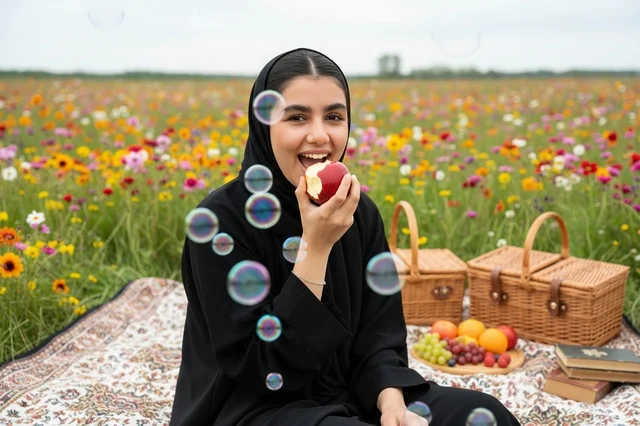 Saudi Woman in Black Abaya Eating Apple at Picnic