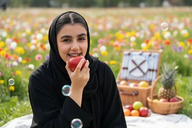 Emirati Girl in Abaya Eating Apple at Picnic