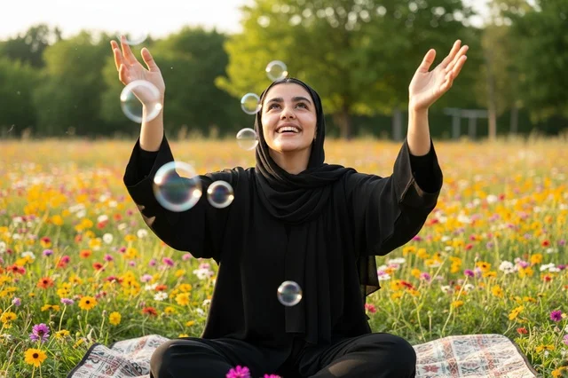 امرأة سعودية بالعباءة تلعب بفقاعات الصابون في حقل زهور