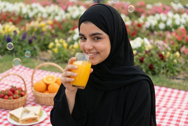 Saudi Woman in Abaya Drinking Orange Juice at Picnic