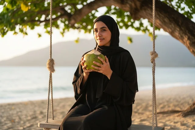 امرأة سعودية بالعباءة تحمل جوز هند على أرجوحة الشاطئ