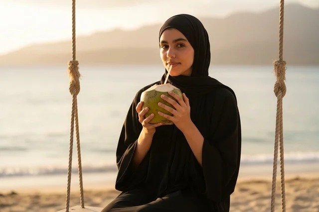 Arab Woman in Hijab Drinking Coconut on Beach