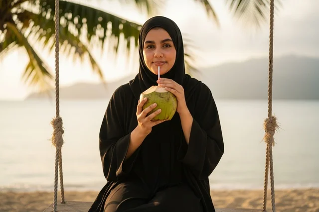 Arab Woman in Abaya Drinking Coconut at Beach