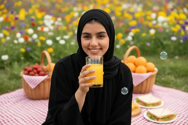 امرأة إماراتية بالعباءة مع عصير برتقال في نزهة