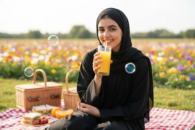 Saudi Woman in Abaya Having Picnic in Flower Field