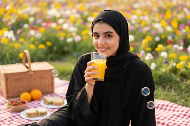 امرأة عربية في نزهة وسط حقل زهور