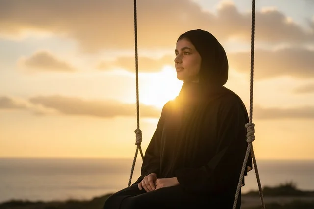 امرأة عربية بالعباءة على أرجوحة وقت الغروب