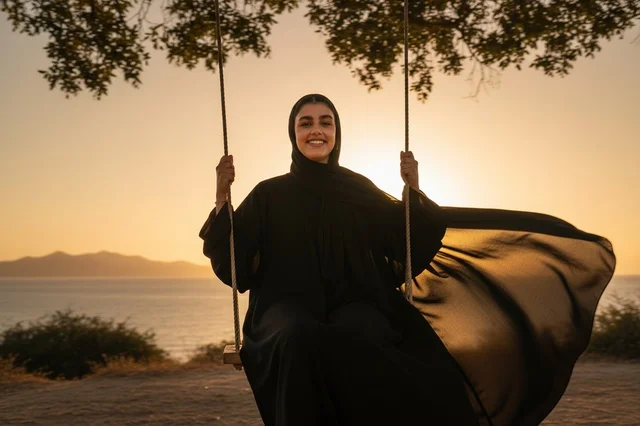 Emirati Woman in Black Abaya on Swing at Sunset