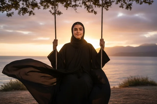 Arab Woman in Abaya on Swing at Sunset Over Sea