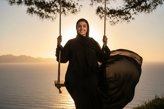 Saudi Woman in Abaya on Sea Swing at Sunset