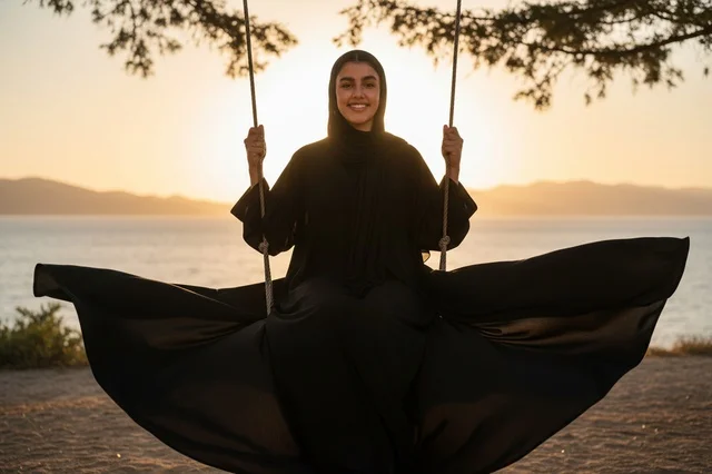 امرأة إماراتية بالعباءة على أرجوحة وقت الغروب