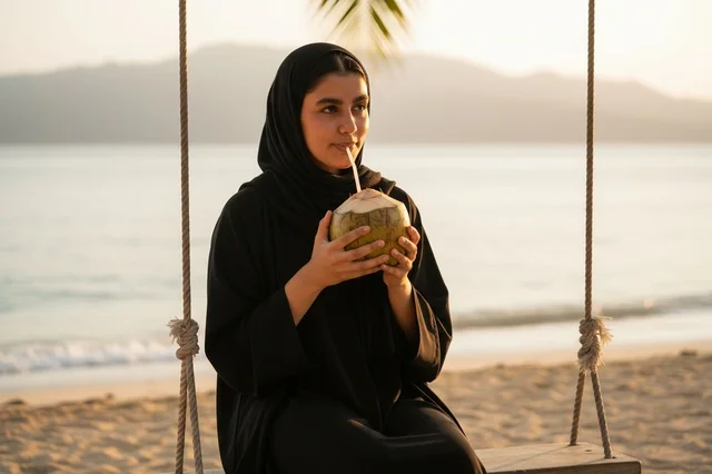 Saudi Woman in Abaya on Beach Swing with Coconut