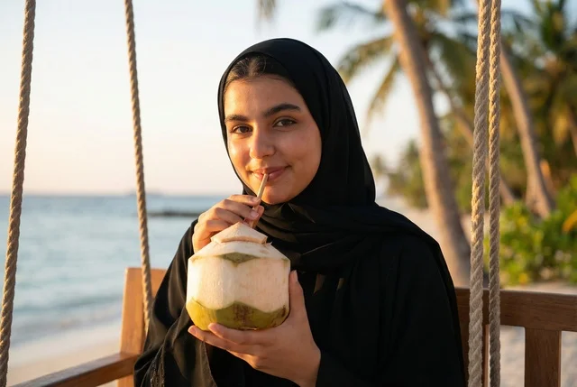امرأة سعودية بالعباءة تشرب جوز الهند على أرجوحة الشاطئ