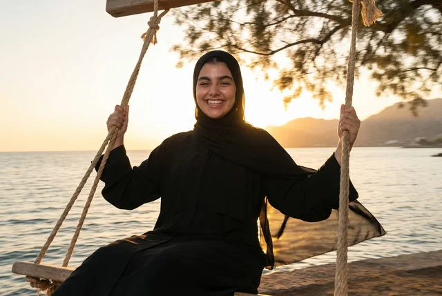 Emirati Woman in Abaya on Beach Swing at Sunset