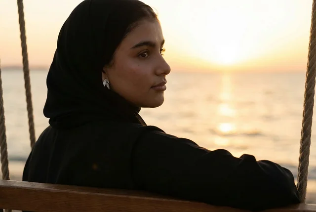 امرأة إماراتية بالعباءة على أرجوحة الشاطئ وقت الغروب