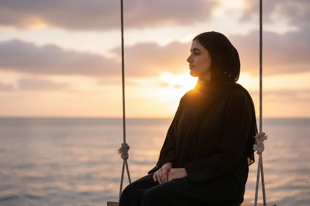 امرأة سعودية بالعباءة على أرجوحة بحرية وقت الغروب