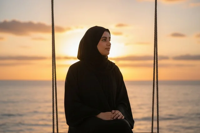 امرأة إماراتية بالعباءة على أرجوحة البحر وقت الغروب