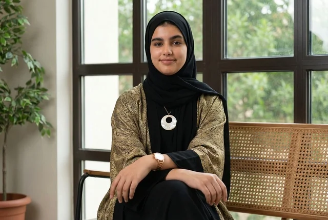 Emirati Woman in Traditional Abaya Sitting Indoors