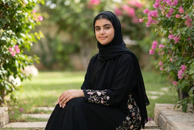 امرأة عربية بالعباءة التقليدية تجلس في حديقة خارجية