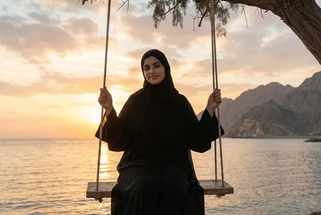 Emirati Woman in Abaya on Beach Swing at Sunset