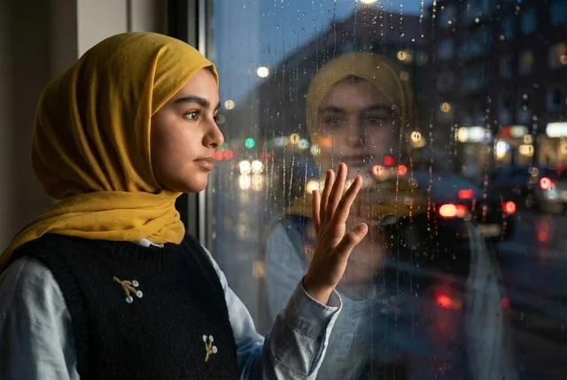Muslim Woman Looking at Rainy City Street Through Window
