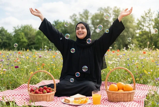Arab Woman in Abaya Having Picnic with Soap Bubbles Arab Woman in Abaya Having Picnic with Soap Bubbles