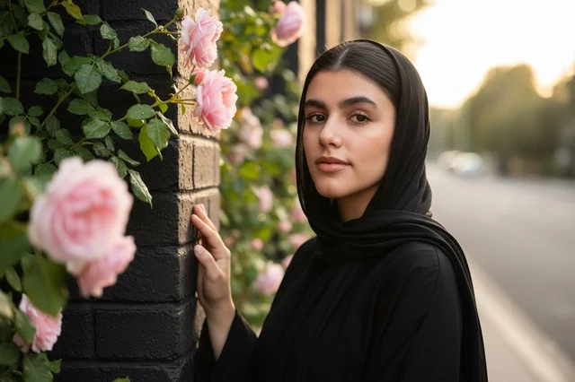 Saudi Woman in Black Abaya by Pink Roses