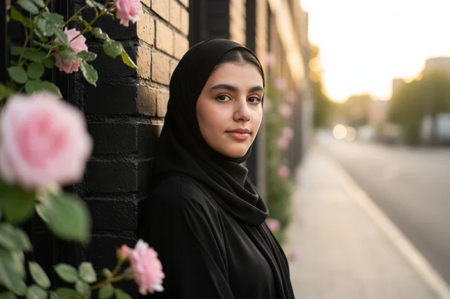Arab Woman in Black Abaya with Pink Roses at Sunset