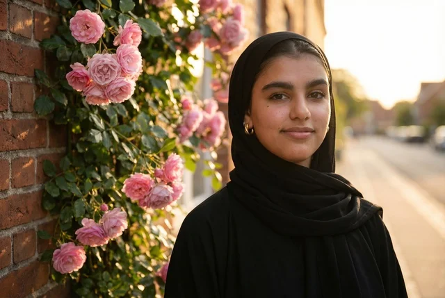 Saudi Woman in Black Abaya with Pink Roses