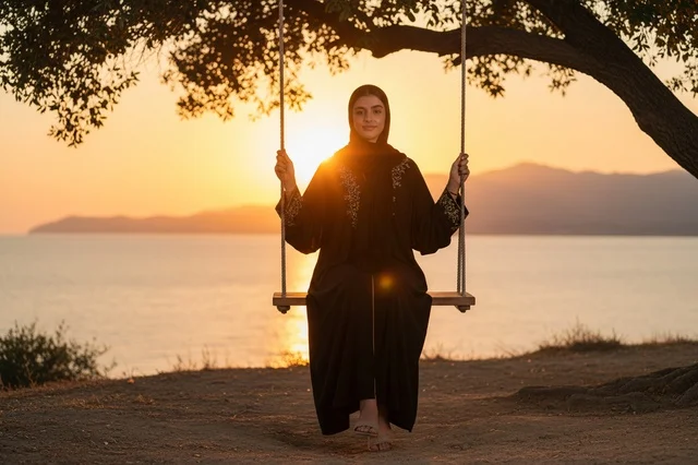 Emirati Woman in Abaya on Swing at Sunset