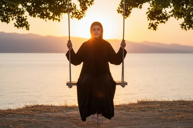 Arab Woman in Black Abaya on Swing at Sunset by Sea