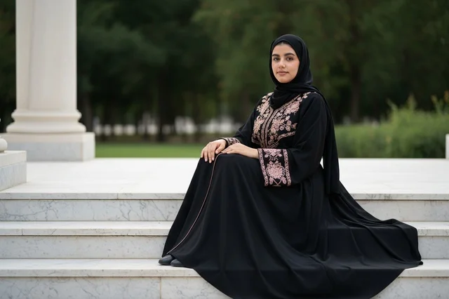 Emirati Woman in Black Traditional Abaya on Marble Stairs