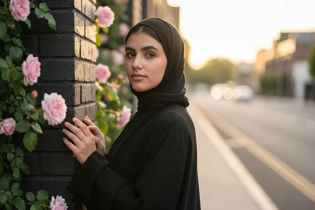 امرأة عربية ترتدي الحجاب والعباءة السوداء وقت الغروب